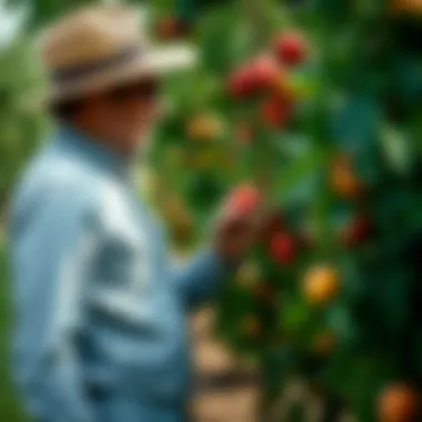 A farmer inspecting fruit trees laden with seasonal produce