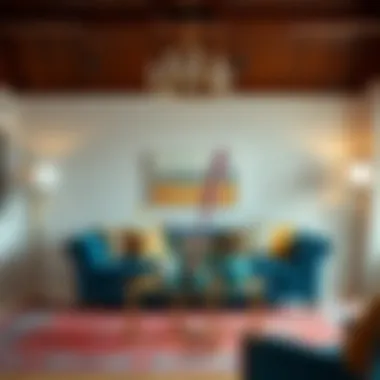 Sophisticated living room with a colorful couch centerpiece