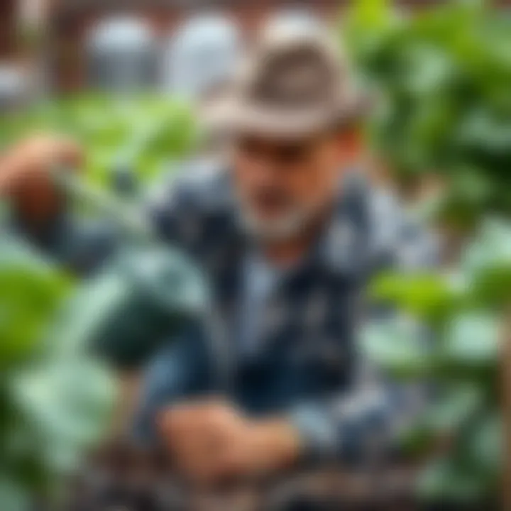A gardener watering spinach plants