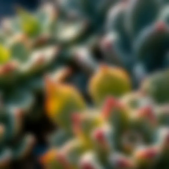 Close-up of succulent leaves with dew in morning light