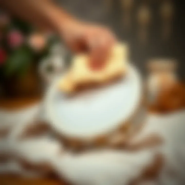 A tambourine being cleaned with a soft cloth in a serene setting