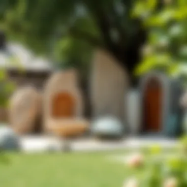 Finished stone artworks displayed in a natural setting