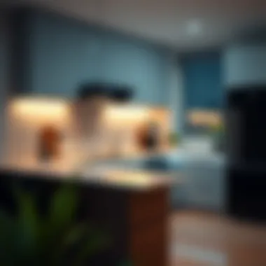 A stylish modern kitchen illuminated by LED lights, showcasing elegant design