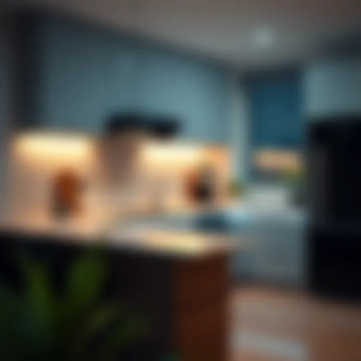 A stylish modern kitchen illuminated by LED lights, showcasing elegant design