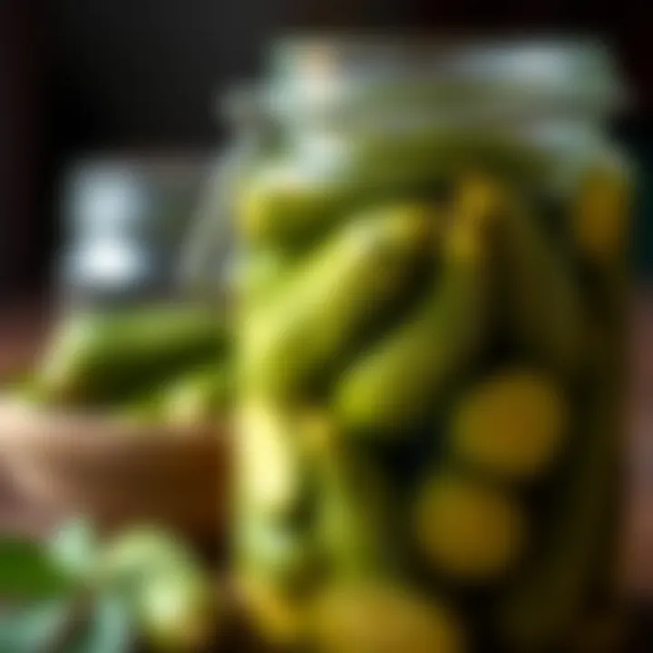 Close-up of fermented cucumbers in a jar.