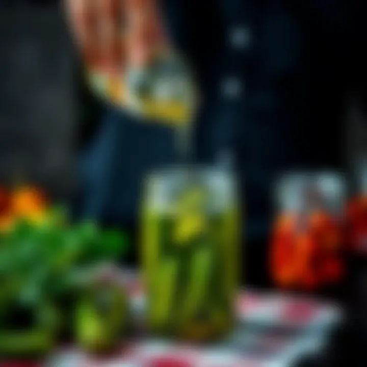 A person pouring vinegar over fresh vegetables to make pickles.