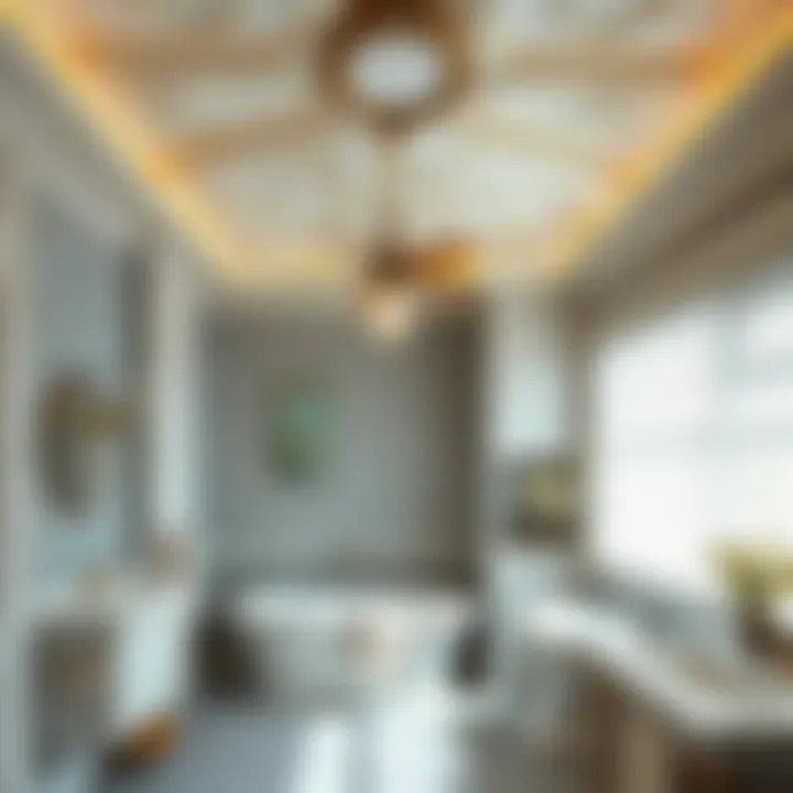 Artistic patterned ceiling in a chic bathroom setting