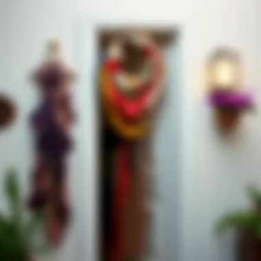 Artistic door hanging featuring vibrant fabric patterns