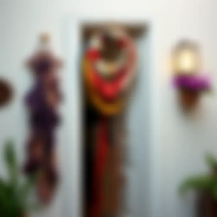 Artistic door hanging featuring vibrant fabric patterns