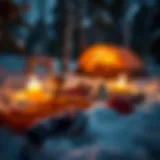 Essential winter camping gear laid out on snow