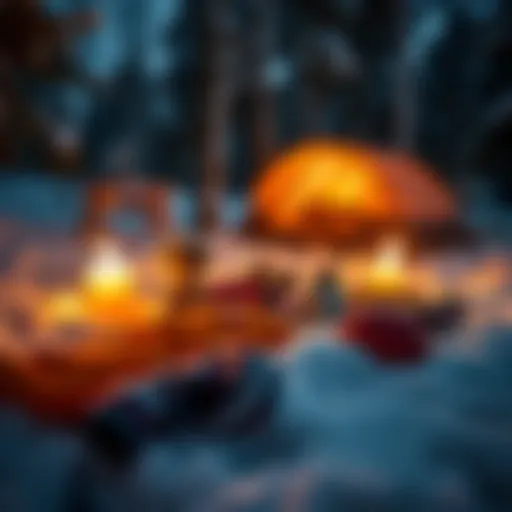 Essential winter camping gear laid out on snow
