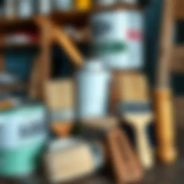 A variety of paint cans and brushes for wood furniture