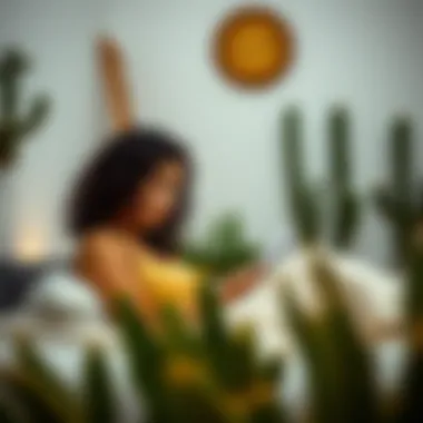 Woman reading in a bedroom with cactus